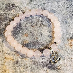 Om Aum Zen Mantra Pink Rose Quartz Gemstone Stretch Bracelet
